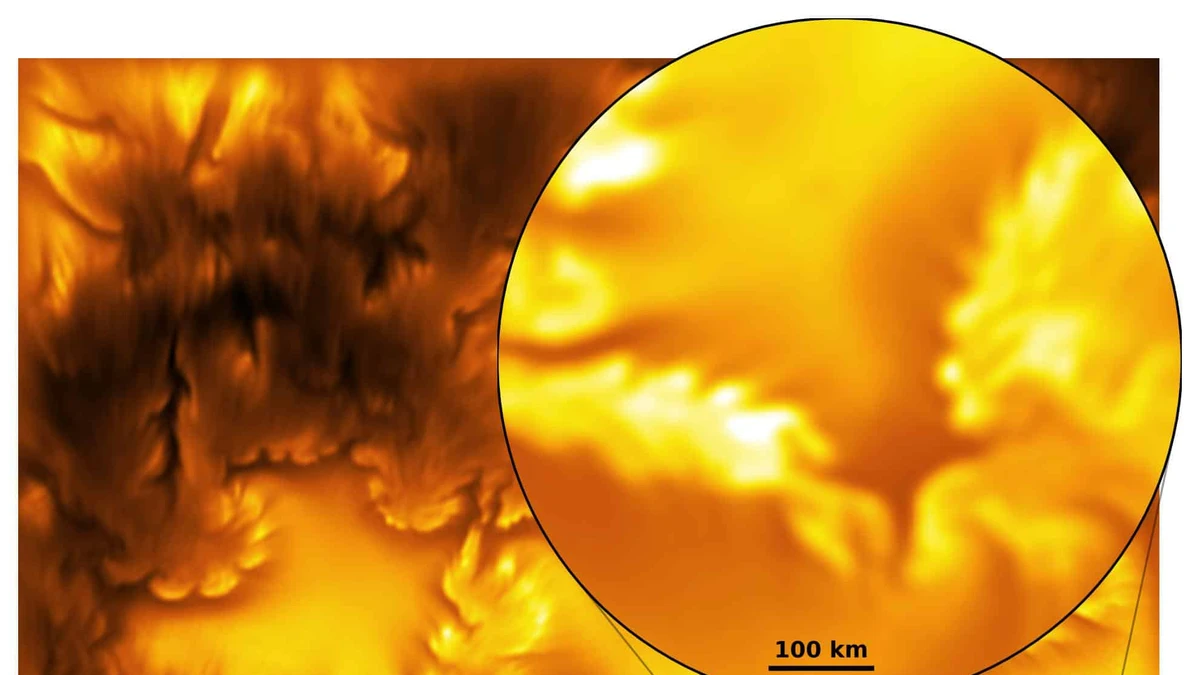 Close-up of the Sun's photosphere from the Inouye Solar Telescope with an enlarged inset showing fine dark striations and swirling structures at the edge of a magnetic region