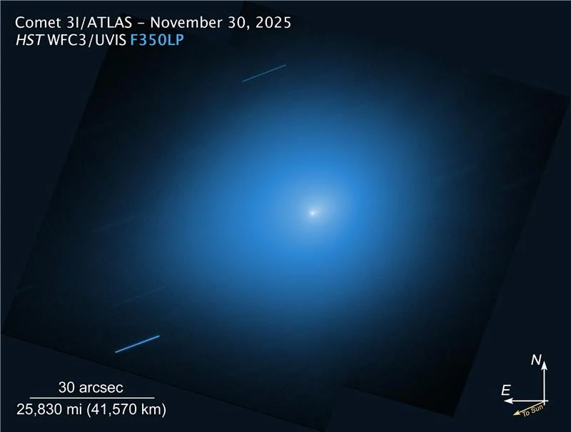 Hubble Space Telescope image of interstellar comet 3I/ATLAS showing a teardrop-shaped coma of gas and dust surrounding the bright nucleus, against a background of faint stars