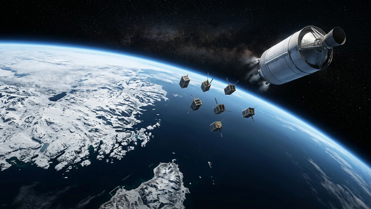 Illustration of small cube-shaped satellites drifting away from the upper stage of a rocket high above the curved horizon of the Earth, with northern Norway and the Arctic coastline below