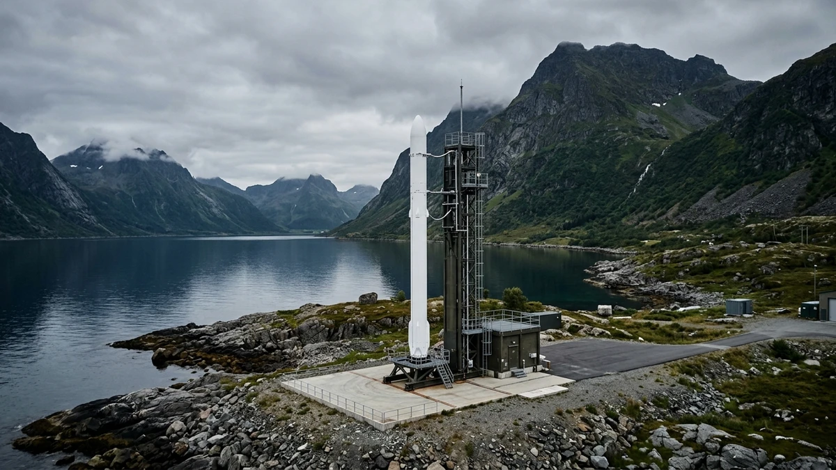 The Spectrum rocket standing on its seaside launch pad at Andøya Spaceport, with steep green mountains and a calm fjord behind it under an overcast sky