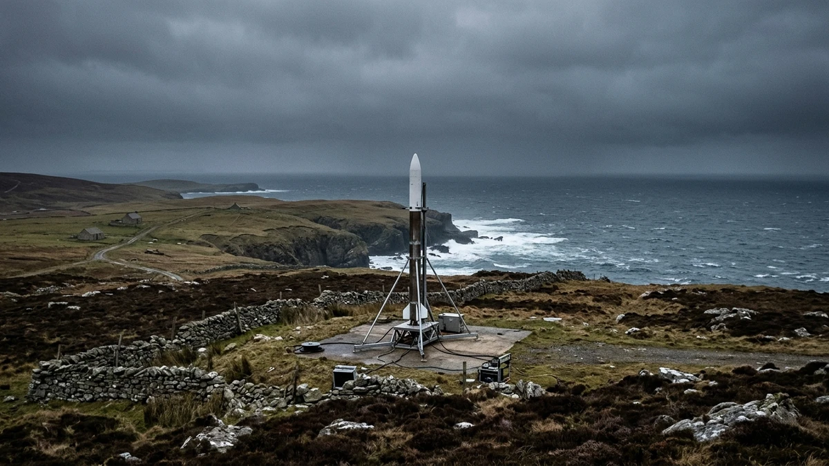 A launch pad on a rocky, grass-covered headland at the northern tip of Shetland, with a rocket standing under grey skies and the North Sea stretching to the horizon