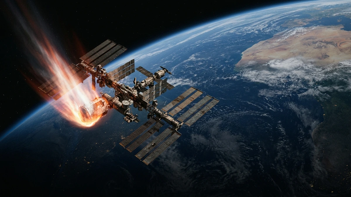 The International Space Station in orbit above Earth, with a dramatic atmospheric glow at one edge suggesting its eventual re-entry