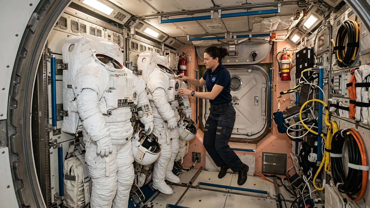 Two astronauts in spacesuits preparing inside the ISS Quest airlock before a spacewalk