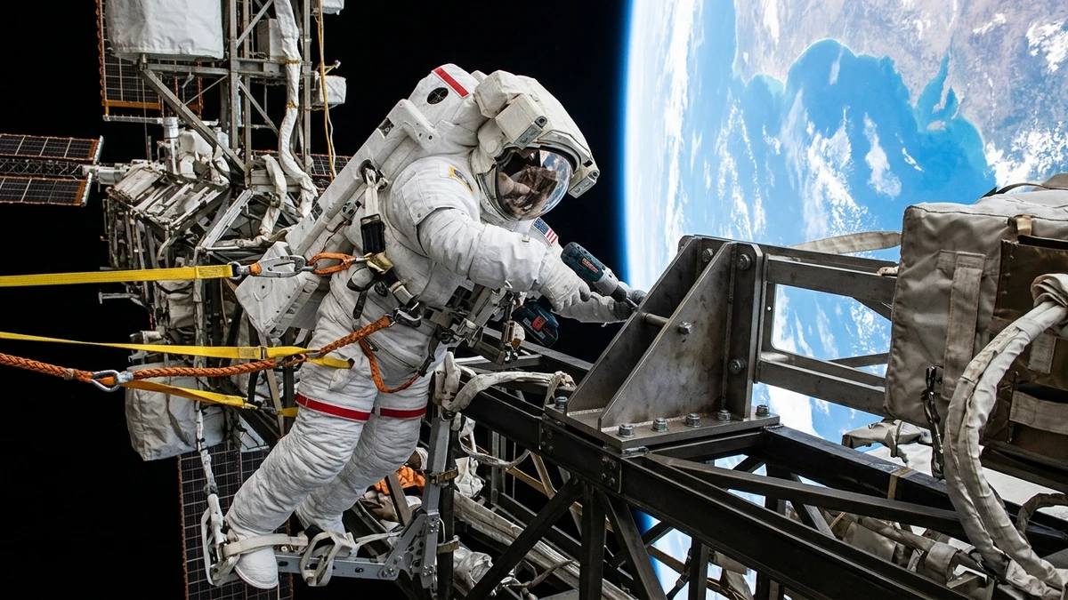 An astronaut anchored to the ISS Starboard 6 truss assembling a mounting bracket with Earth in the background