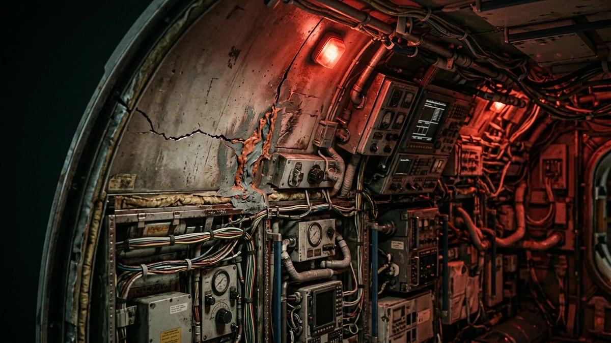 Cutaway illustration of a cracked space station module interior with emergency sealing work underway