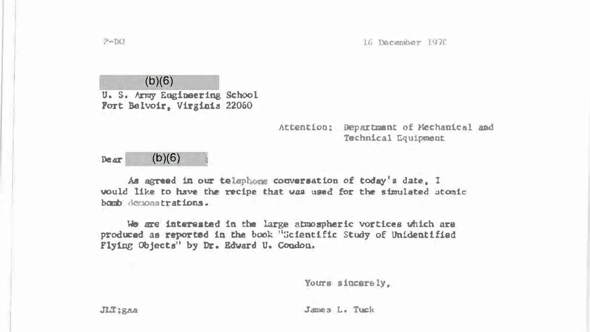 Typed letter from James L. Tuck dated 16 December 1970 to the US Army Engineering School at Fort Belvoir, from the declassified DOE-UAP-D002 file