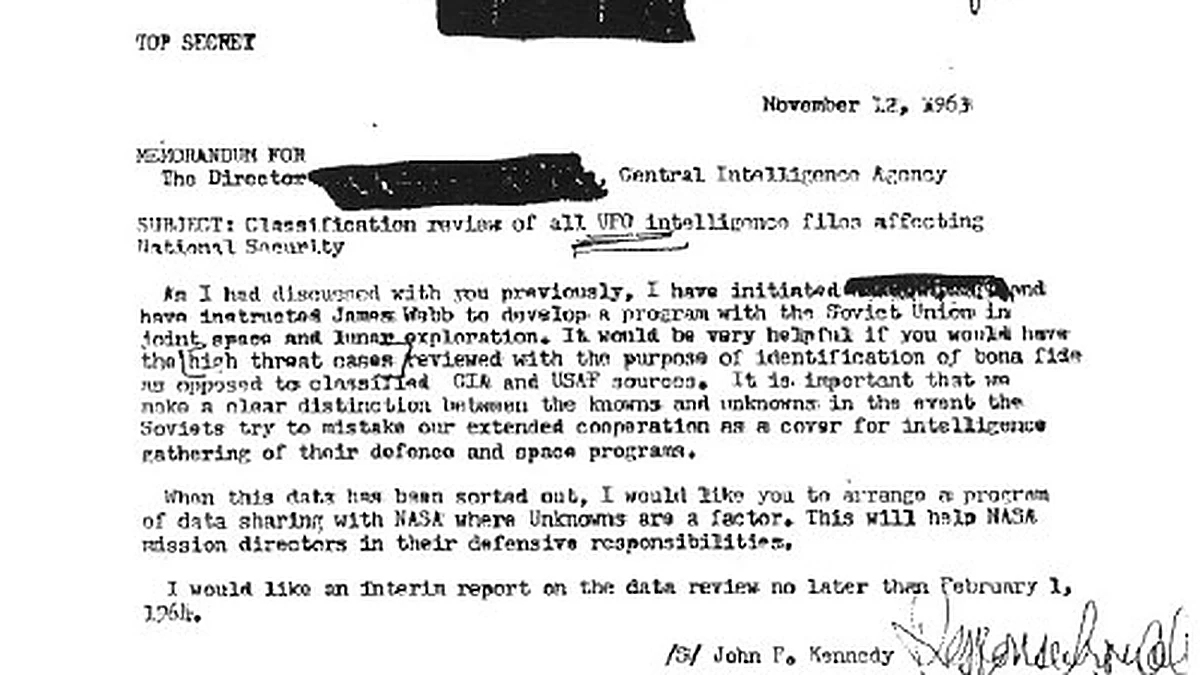 The alleged Top Secret JFK memo of 12 November 1963, with the subject line Classification review of all UFO intelligence files affecting National Security