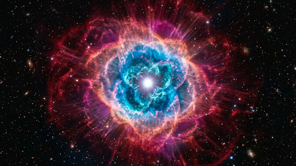 Deep infrared view of a planetary nebula showing concentric shells of blue and red gas, delicate filaments, and bright central star