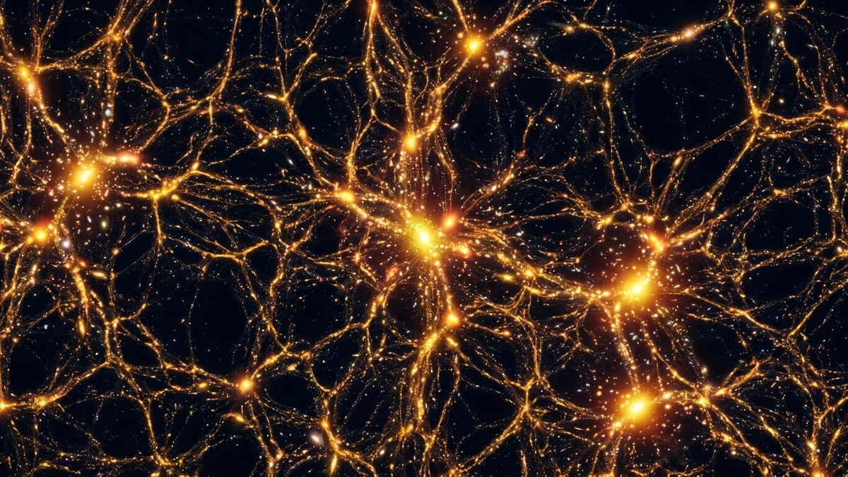 Simulation showing bright yellow filaments of the cosmic web connecting galaxy clusters, with dark voids between them