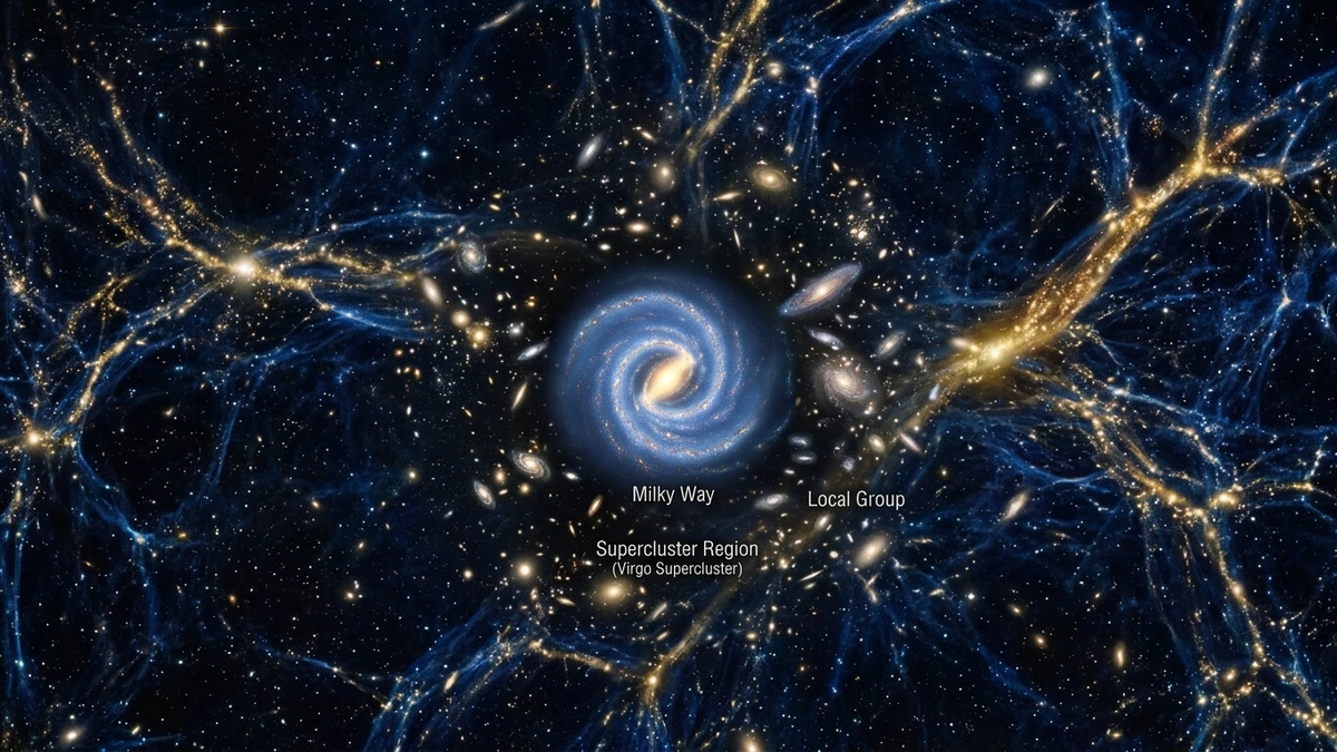 A scale illustration showing the Milky Way as a tiny point within the Local Group, within the Virgo Supercluster, within a small section of the cosmic web
