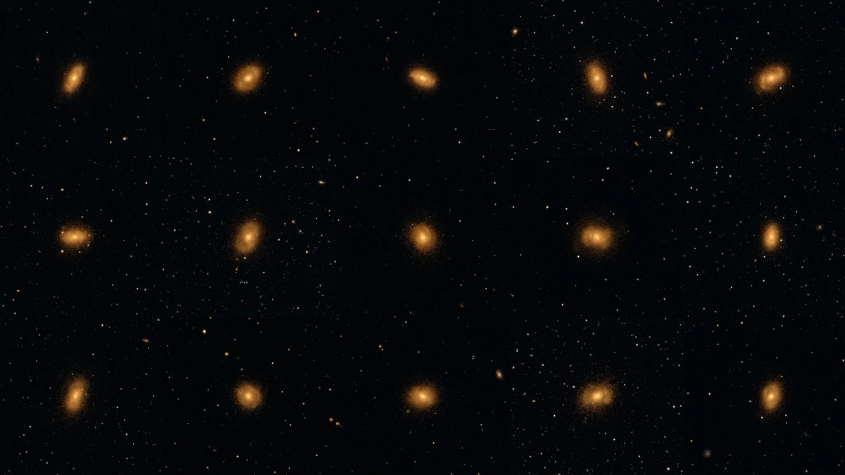 A grid of nine small golden and orange early galaxies against black space, as observed by the James Webb Space Telescope