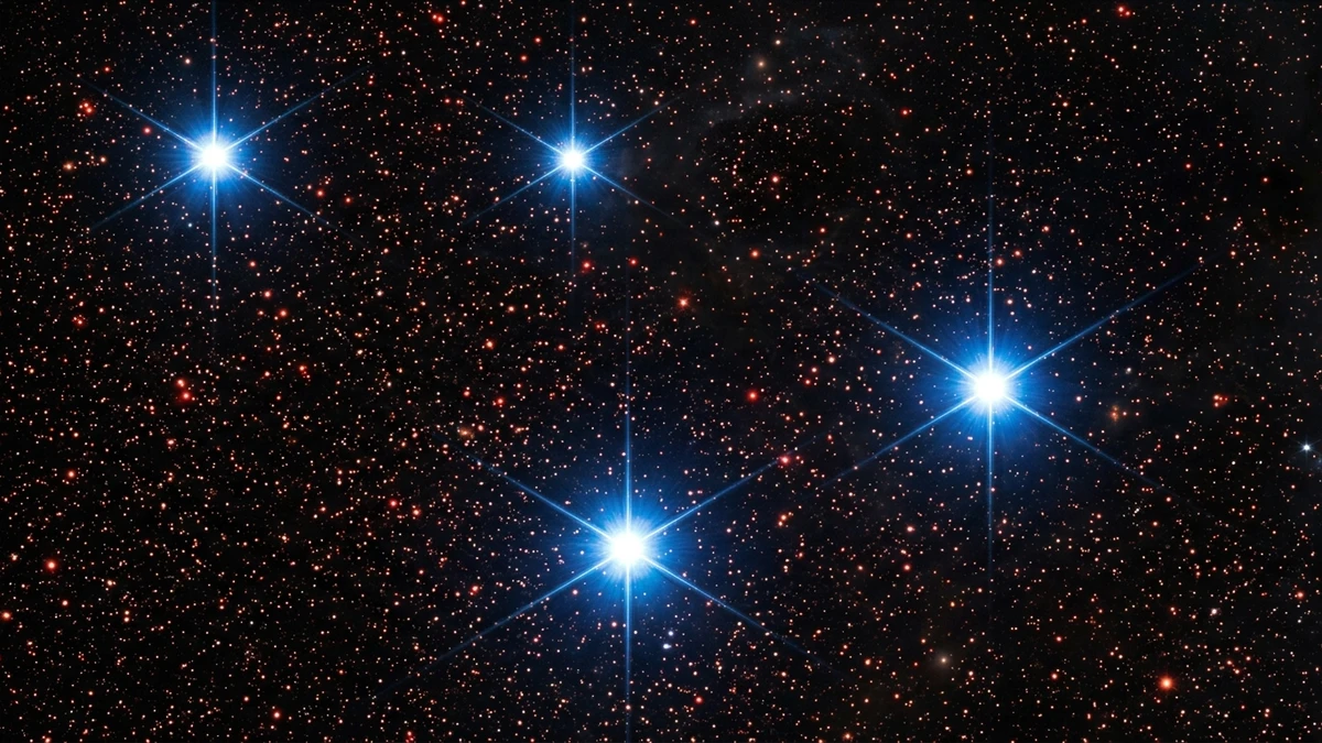 A dense field of faint small red dwarf stars scattered between a handful of brilliant blue-white massive stars
