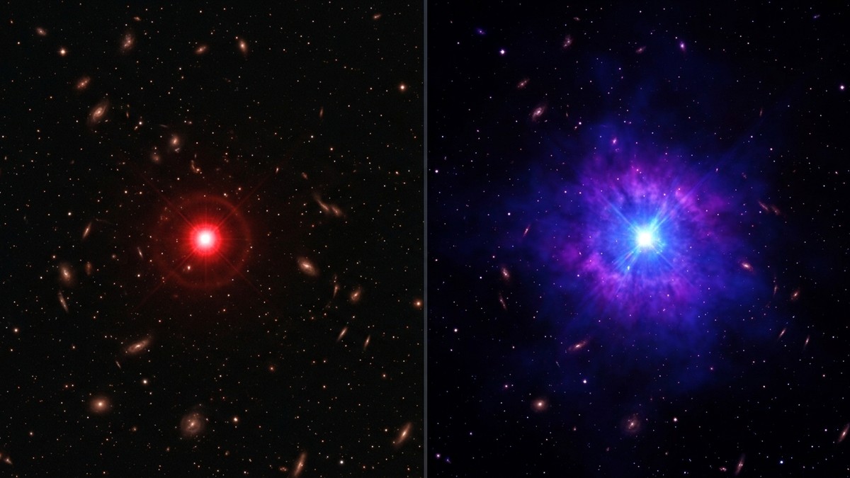 Side-by-side comparison showing JWST infrared view of a little red dot alongside Chandra X-ray data revealing the X-ray signal at the same location