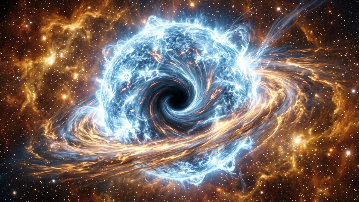 Artist's impression of an impossibly massive early-universe star thousands of times the mass of the Sun, glowing an intense blue-white in dense primordial gas, about to collapse into a black hole
