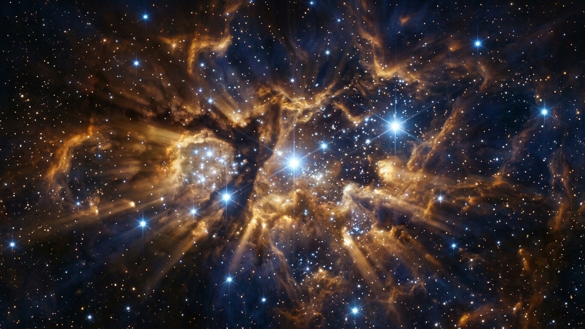 Artistic impression of the early universe with massive luminous blue-white stars forming in clouds of primordial hydrogen gas