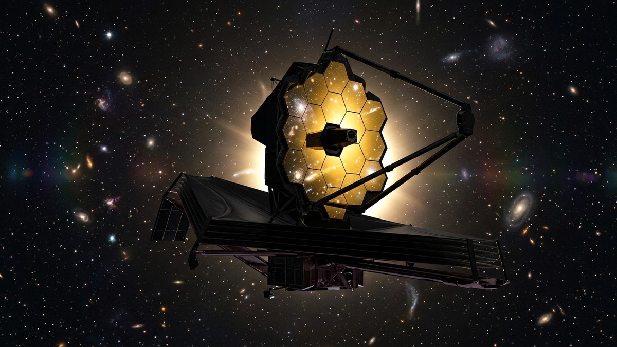 JWST's NIRSpec instrument capturing spectral data from a distant galaxy, with colourful emission lines visible against the dark backdrop of deep space