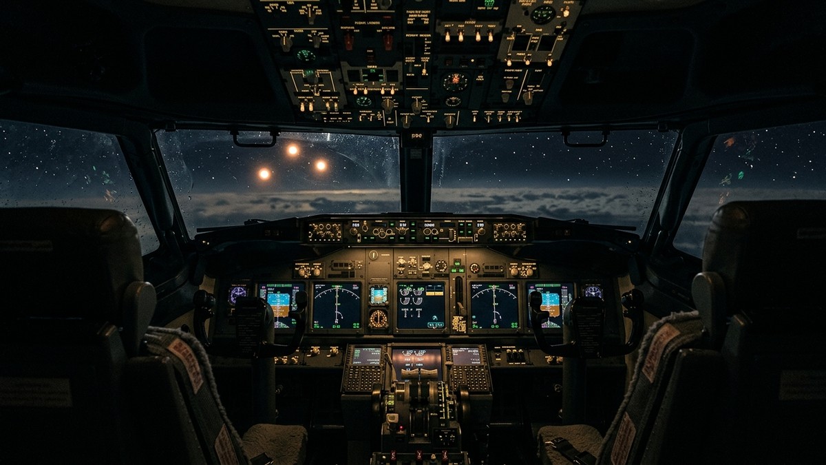 View from a commercial aircraft cockpit at night showing mysterious glowing orbs in the dark sky