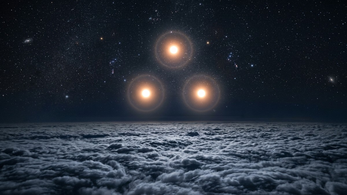 Three glowing orbs arranged in a triangle formation against a starry night sky above clouds