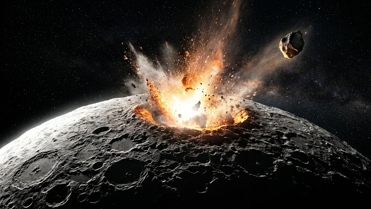 An ancient impact on the far side of the Moon blasting glowing debris into space, with one fragment escaping towards the stars