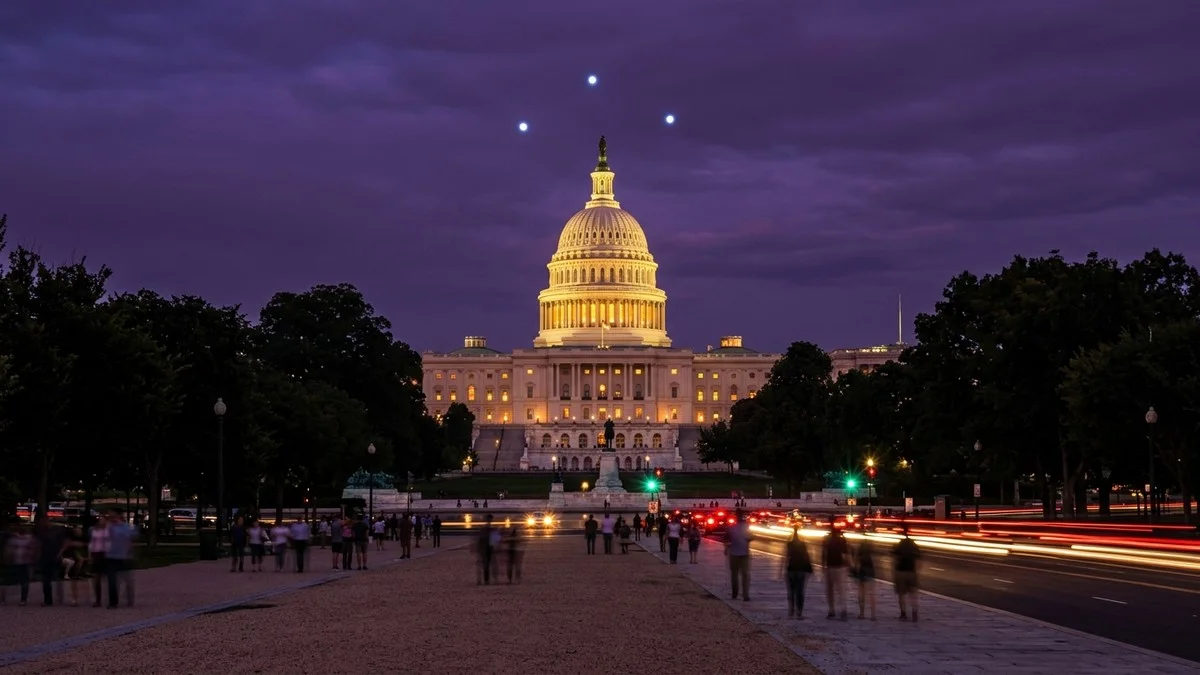 The US Capitol building at dusk with mysterious glowing orbs in the sky above