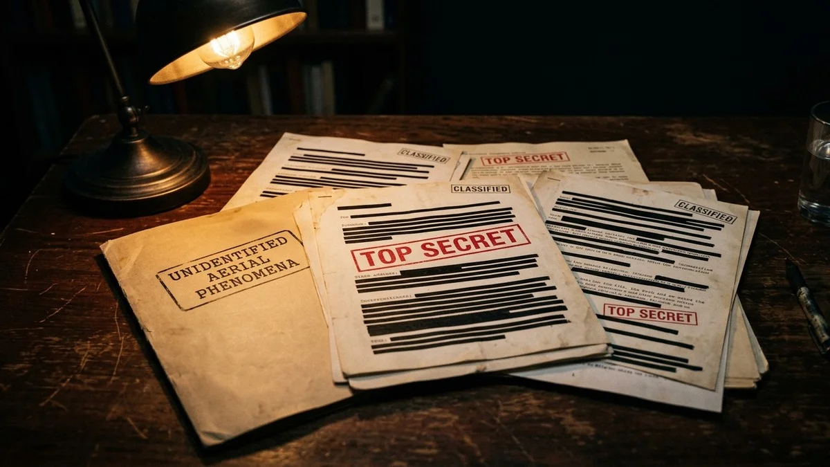 Classified government documents with TOP SECRET stamps being reviewed under dramatic lighting
