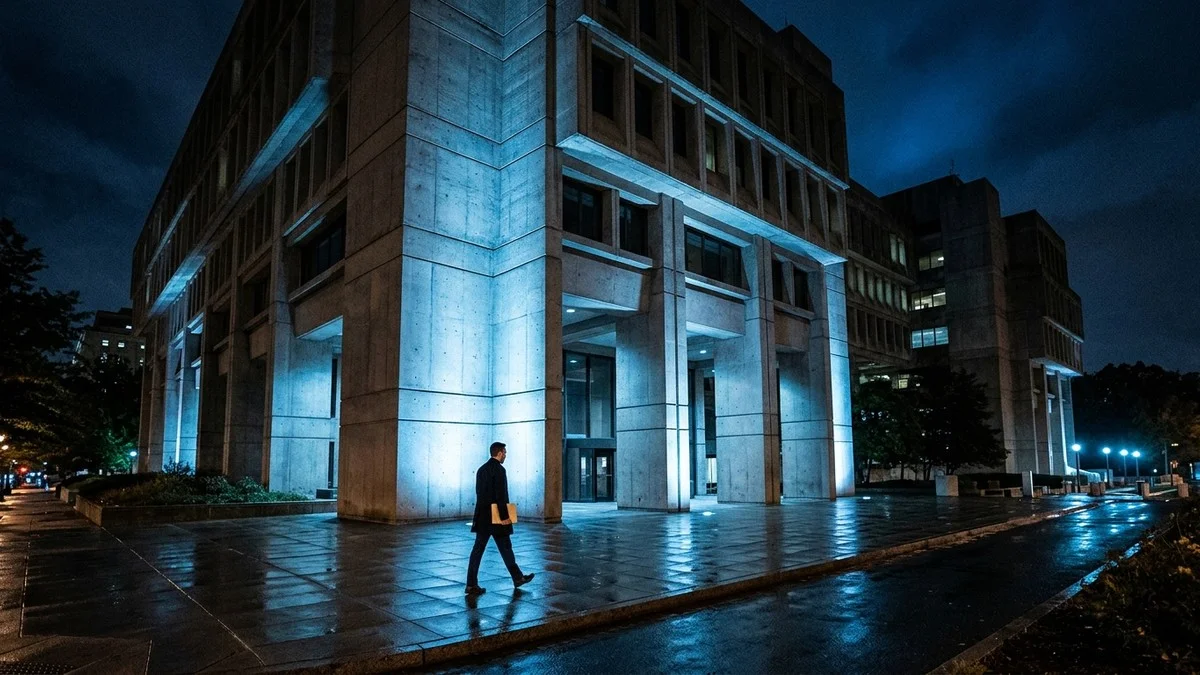 The FBI headquarters building in Washington DC at night with dramatic lighting