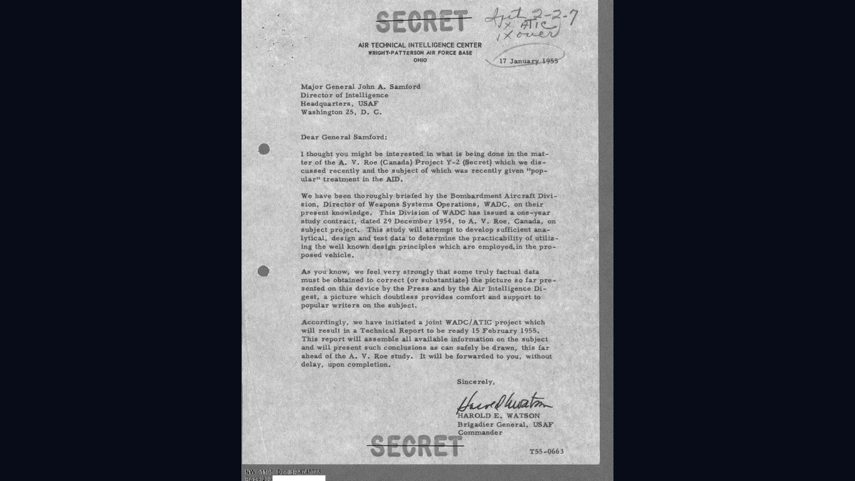 Declassified secret letter from the Air Technical Intelligence Center, January 1955, from the DOW-UAP-D095 file on joint US-Canadian aviation projects and UFO sightings