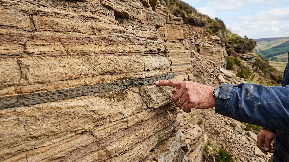A geologist's hand pointing to the thin grey K-Pg boundary clay layer running through a sedimentary rock face