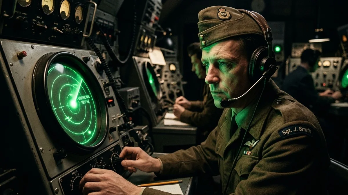 Cold War era radar operators tracking an unidentified aerial contact on a GCA radar scope — similar to the equipment used at RAF Bentwaters and Lakenheath in August 1956