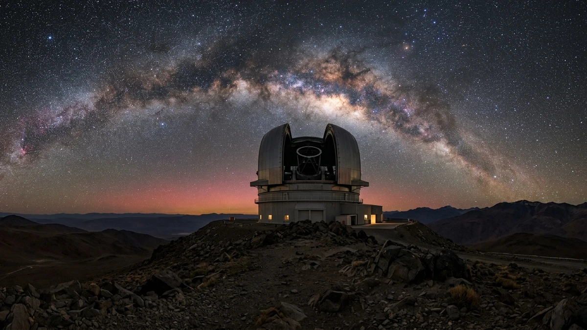 A large observatory dome open beneath the Milky Way on a dark mountaintop in the Atacama Desert at night