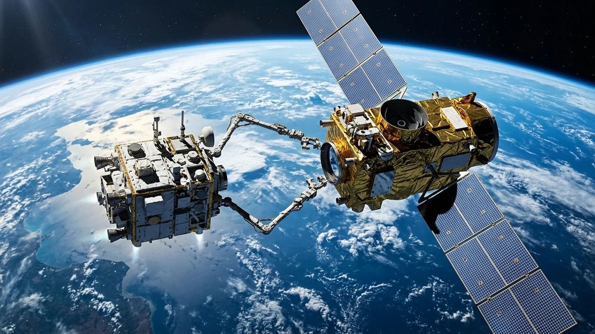 The LINK robotic spacecraft with three arms extended approaching NASA's Swift telescope above the blue Earth