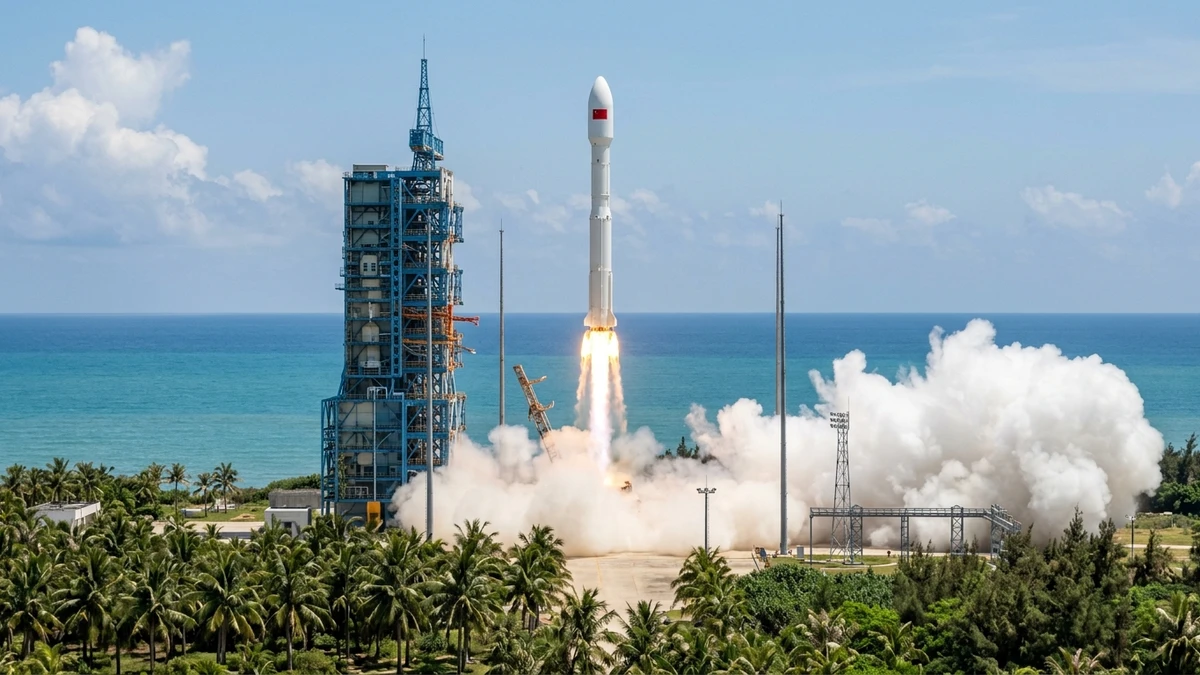 Long March 10B lifting off from the Hainan Commercial Space Launch Site over the South China Sea at midday