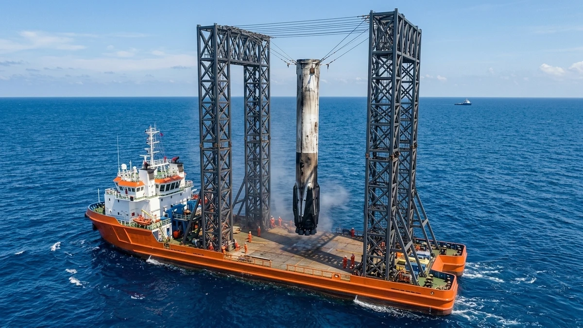 The sooty Long March 10B first stage hanging vertically inside the recovery ship's steel gantry, suspended from tensioned catch cables moments after capture