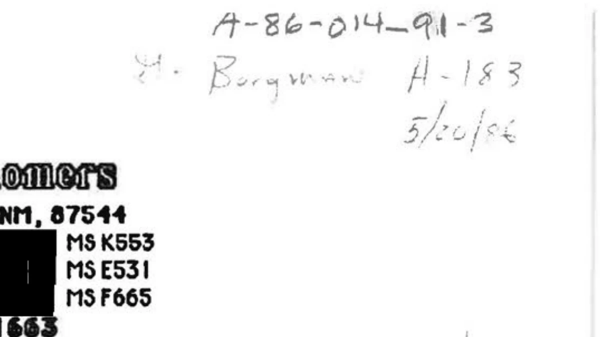Close-up of the handwritten filing marks in the top right corner of DOE-UAP-D003, including the code A-86-014-91-3, a name, and the date 5/20/86