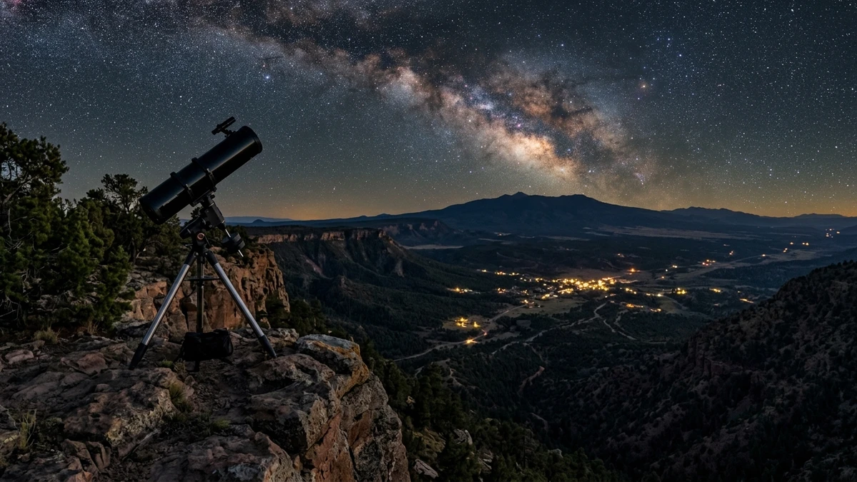 A telescope silhouetted against the night sky on the edge of a high desert mesa near Los Alamos, with the lights of the town below and the Milky Way overhead