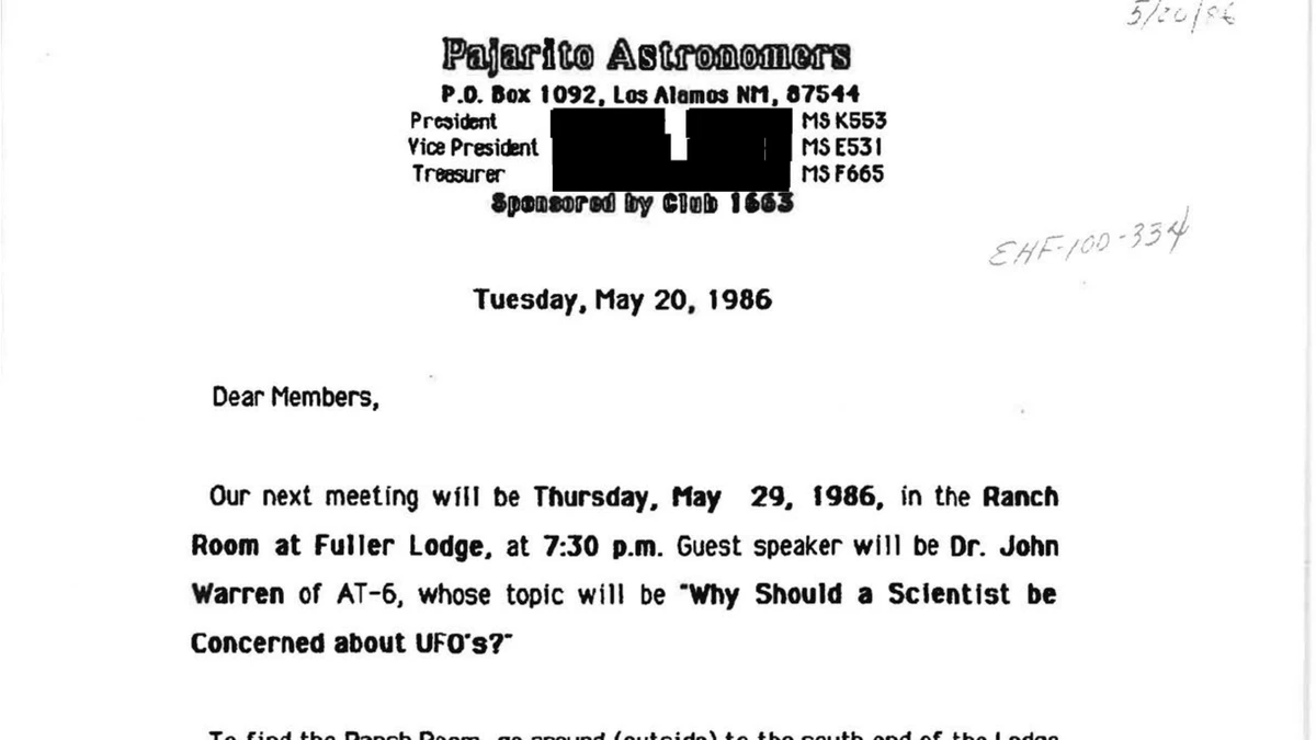 The typed 1986 Pajarito Astronomers meeting notice, with the club letterhead, redacted officer names, the date Tuesday May 20 1986 and the announcement of Dr John Warren's talk