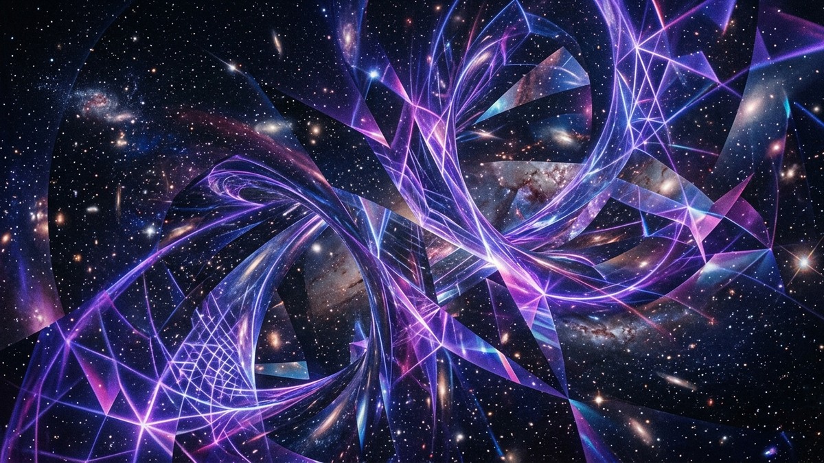 Abstract representation of interdimensional phenomena with geometric light patterns and warped space