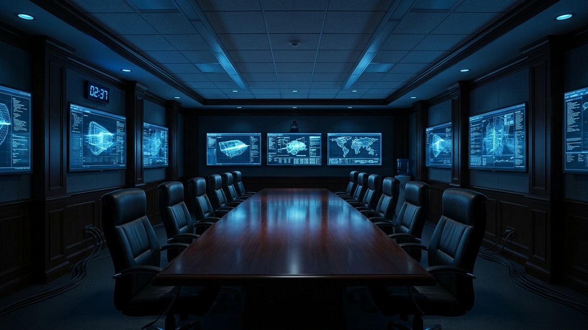 Dark secure government briefing room with classified documents and screens, representing a SCIF environment