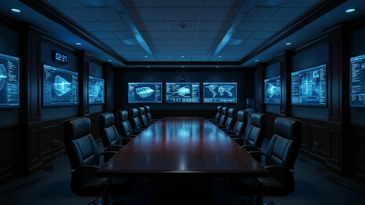 Dark secure government briefing room with classified documents and screens, representing a SCIF environment
