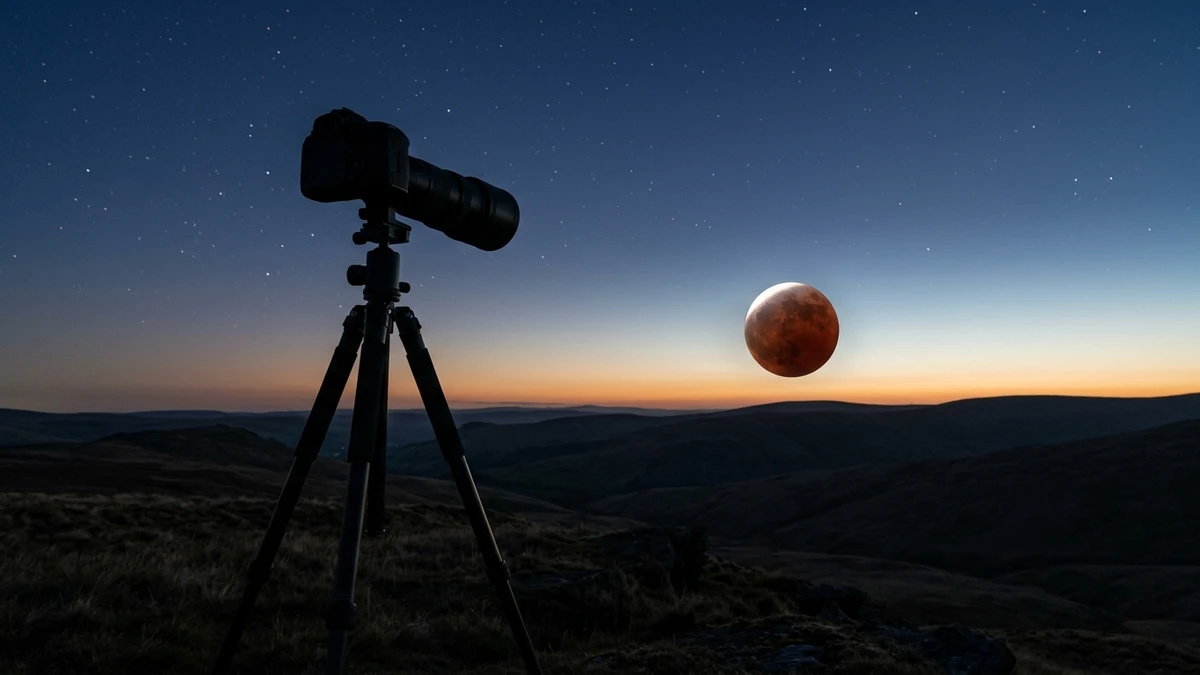 A camera on a tripod silhouetted against dawn twilight, aimed at the partially eclipsed red Moon low over a UK landscape
