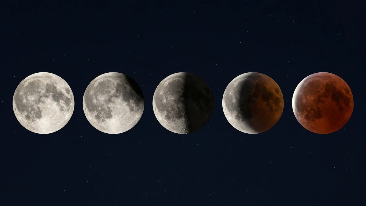 Sequence showing Earth's curved shadow advancing across the full Moon during the partial lunar eclipse stages