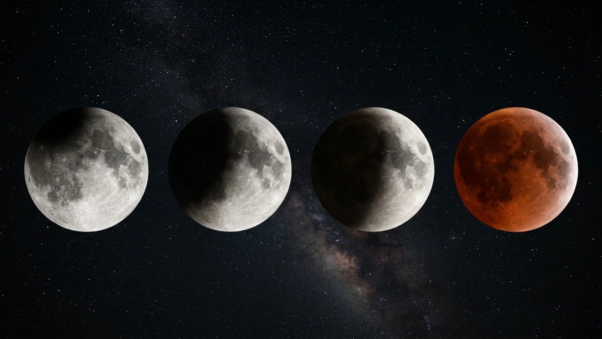 Earth's curved dark shadow taking a growing bite out of the full Moon in stages during the partial lunar eclipse