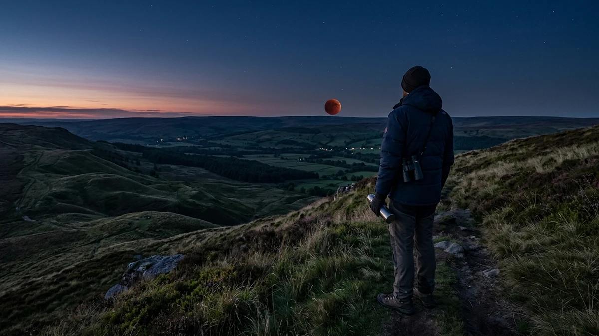 An observer with a flask on a west-facing hillside watching the eclipsed red Moon very low over the distant horizon before dawn