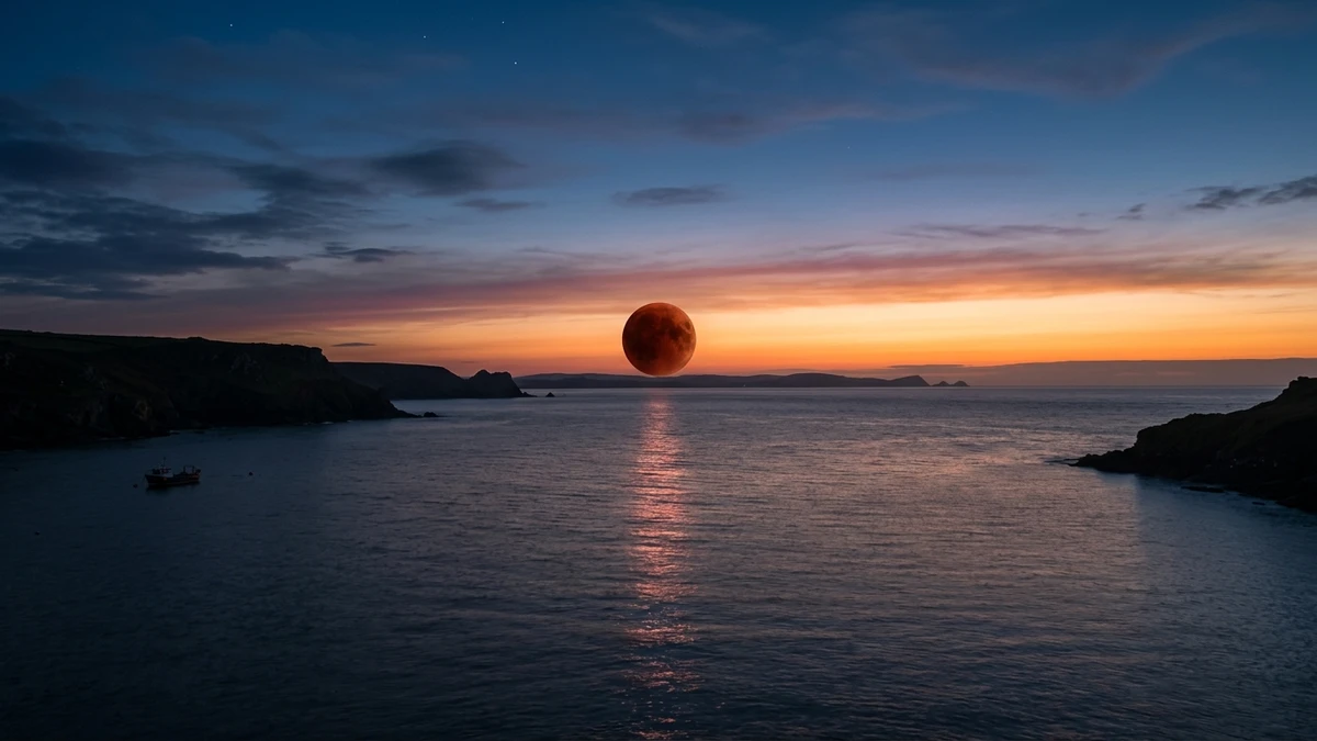 The deeply eclipsed copper Moon setting over the sea in dawn twilight, with warm orange light growing along the horizon
