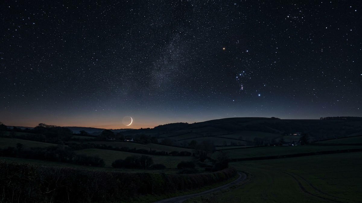 A dark countryside sky full of stars with the Milky Way faintly visible and a thin crescent Moon low on the horizon