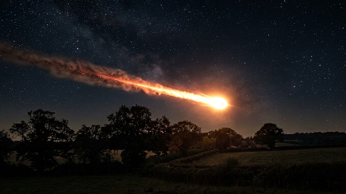 A bright Lyrid fireball meteor with a glowing trail streaking across the sky above a silhouetted English treeline