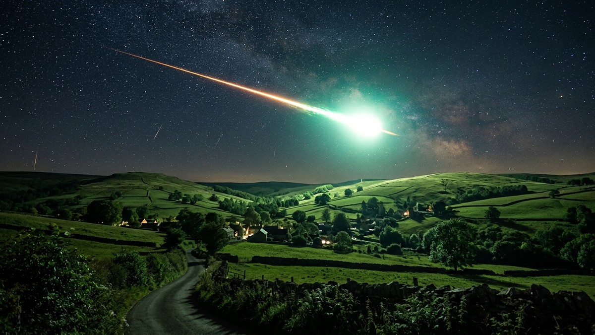 A bright Lyrid fireball lighting up the landscape over rolling British hills