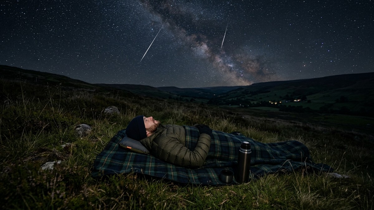 A person lying on a blanket watching meteors streak across a dark starry sky