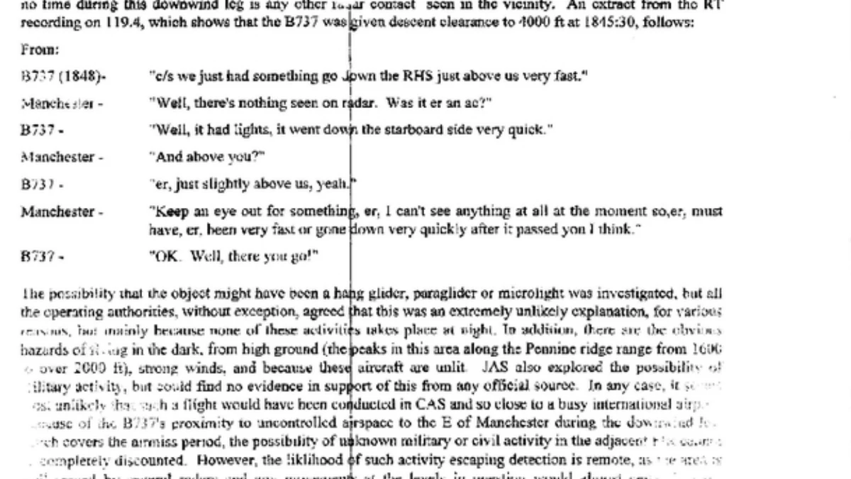 The section of Airmiss Report 2/95 reproducing the radio transcript between the Boeing 737 crew and Manchester air traffic control