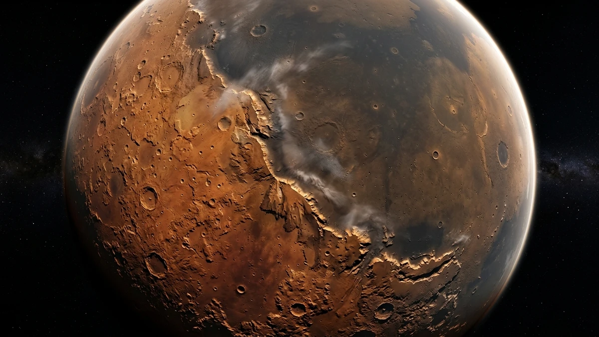Stylised topographic view of Mars showing the sharp boundary between the high cratered southern hemisphere and the smooth low northern plains